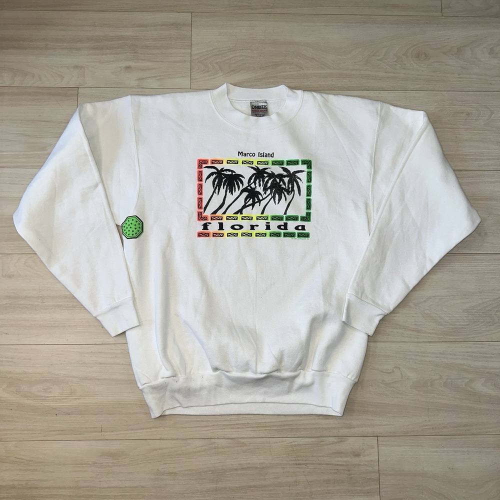 Vtg Marco Island Florida USA Crewneck‎ Sweater XL Graphic White Palm Tree Tropic